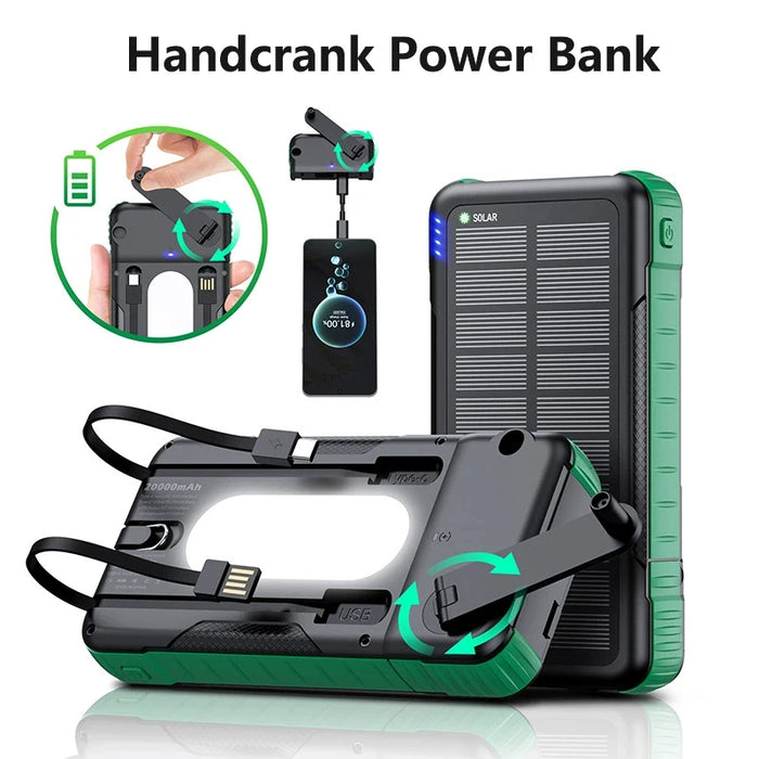 20000mAh Hand Crank Solar Power Bank with Cable Fast Charge Outdoor Portable Powerbank for iPhone Huawei Xiaomi External Battery