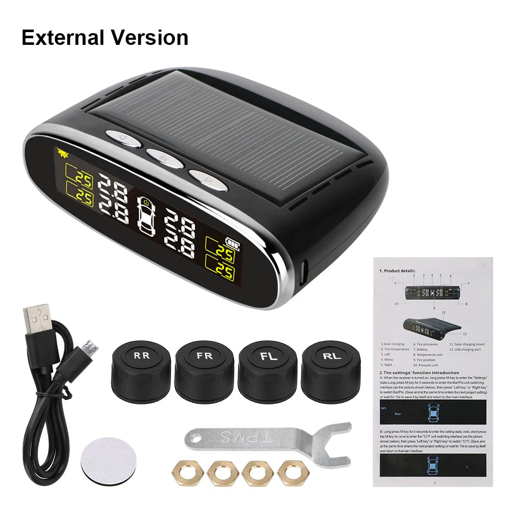 Car Tire Pressure Alarm Monitor System Solar Power TPMS Temperature Alert LCD Display With 4 Internal/External Sensor