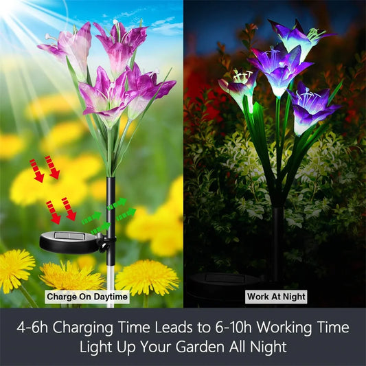 Lily Flowers Solar Light LED Solar Pathway Light Fence Lights Outdoor Waterproof Color Changing Solar Lamp for Yard Garden Pati