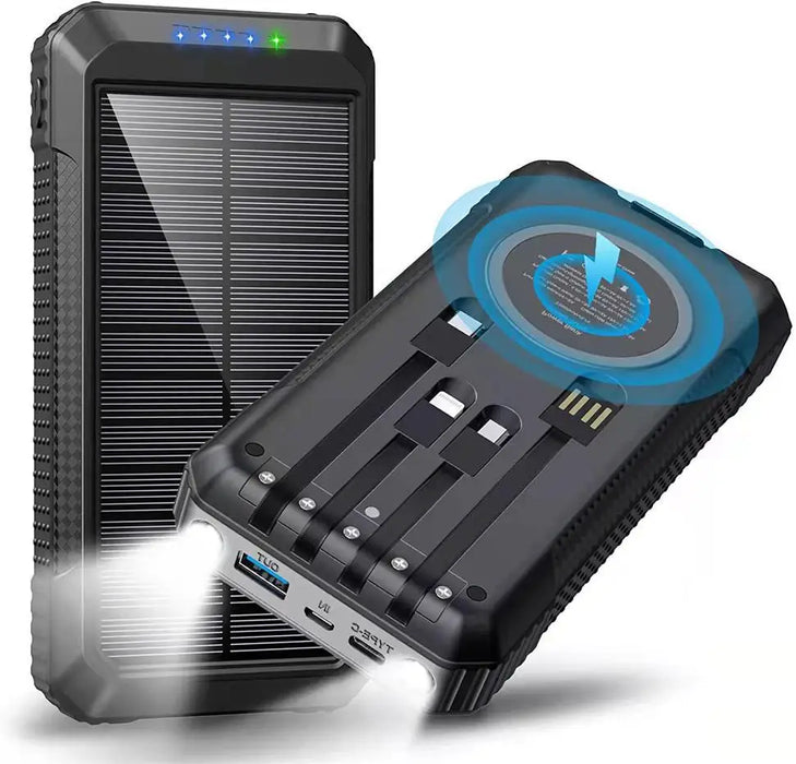 Portable Solar Power Bank Pd22.5W Fast Charging 20000Mah Large Capacity, Wireless Fast Charging and Comes with 4 USB Cord Mobile Power Supply, with Strong Light Led Light, Solar Power Bank Fast Rechargeable Battery