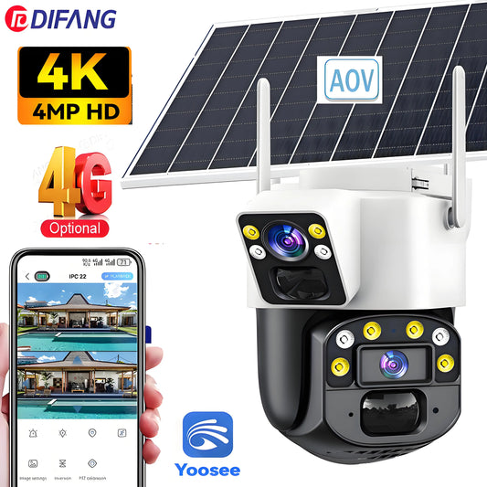 Yoosee Solar Camera 4G Sim Card CCTV Wireless 4G Solar CCTV Dual Lens Dual Screen Auto Tracking External 4G Sim Security Camera