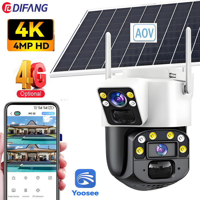 Yoosee Solar Camera 4G Sim Card CCTV Wireless 4G Solar CCTV Dual Lens Dual Screen Auto Tracking External 4G Sim Security Camera