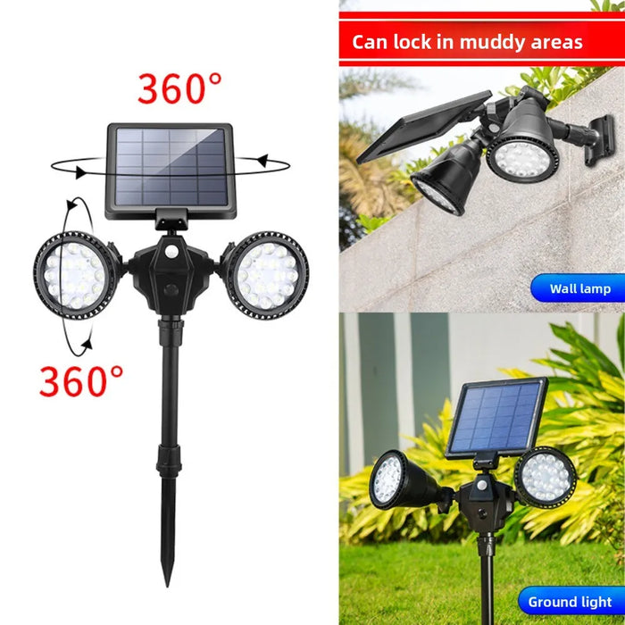 Solar spotlights for outdoor courtyard landscapes, dual head ground penetrating trees, human body sensing lawn lights