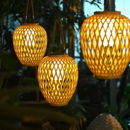 Solar Bamboo Weaving Lantern 600 mAh Waterproof Chinese Lantern Lights LED Garden Decorative Light Warm Light