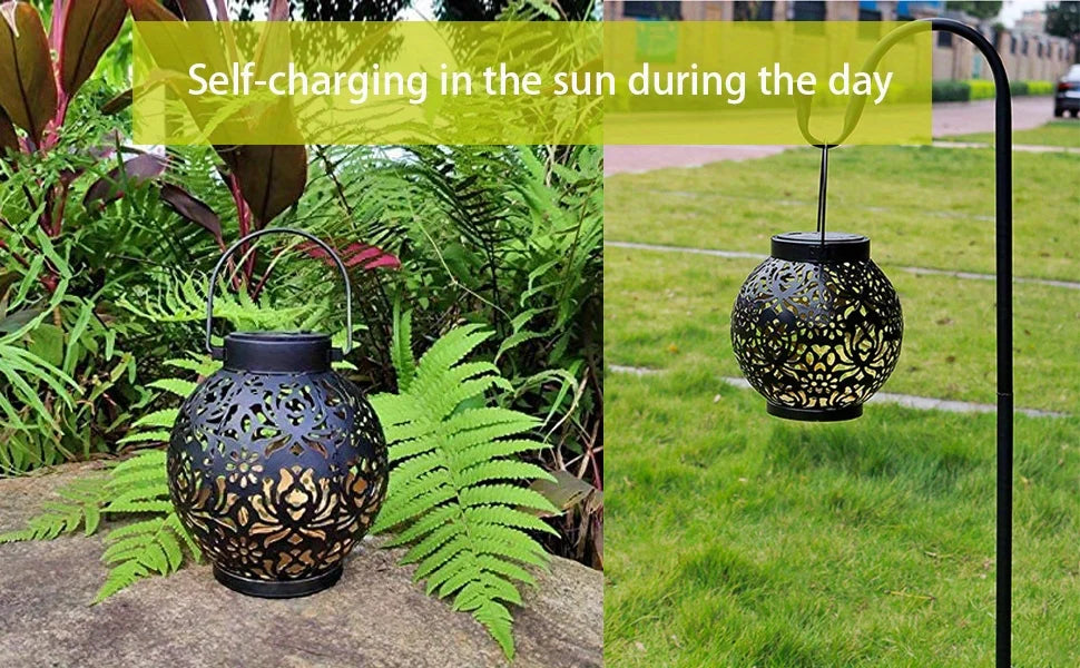 Metallic Solar Lantern Hanging LED Garden Lights Christmas Night Light for Outdoor Patio Lawn Backyard Courtyard Tabletop Decor