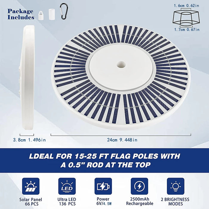 136 LED solar flagpole light, suitable for flagpoles 15-25 feet, 12 hour automatic switch from dusk to dawn, white and black