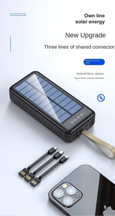 Solar power bank large capacity 100000 mAh fast charging with its own line mobile power supply 80,000 outdoor riding