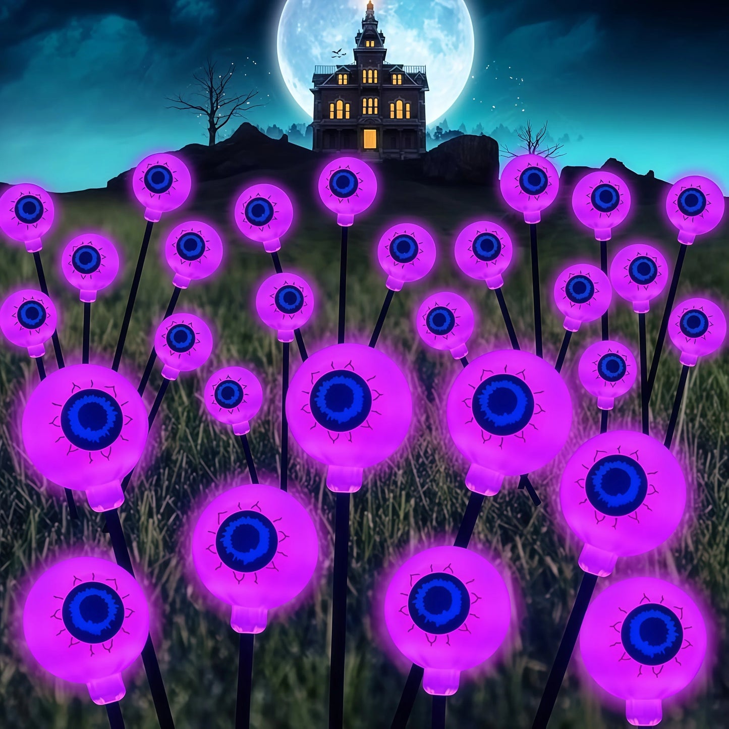 Halloween Outdoor Solar Eyeball Lights-LED Green&Purple Glow, Swinging Firefly Effect,for Creepy Yards, Lawns & Halloween Haunts