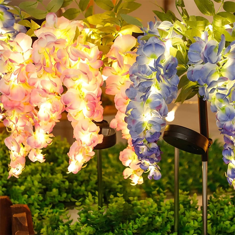 Solar Flowers Light Outdoor Garden Realistic Wisteria Floral Waterproof Artificial Flowers Solar Stake Lights for Patio Backyard