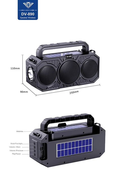 Solar Wireless Bluetooth Speaker Dual Solar Power Rechargeable with Flashlight  FM Radio TF USB MP3 Music Player Audio System