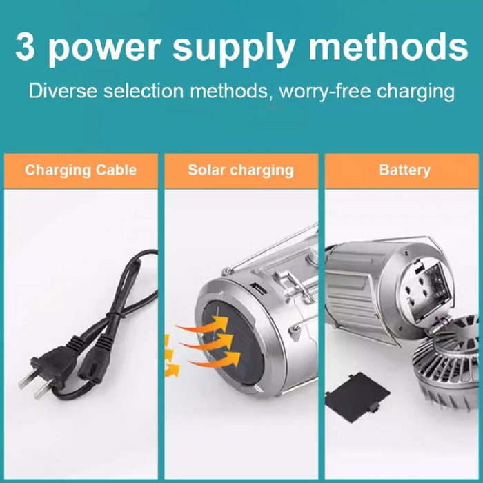Outdoor Solar Camping Light Portable With Fan Solar Charge Hanging Tent Lamp Rechargeable Camping Flashlight Powerful Hand Lamp