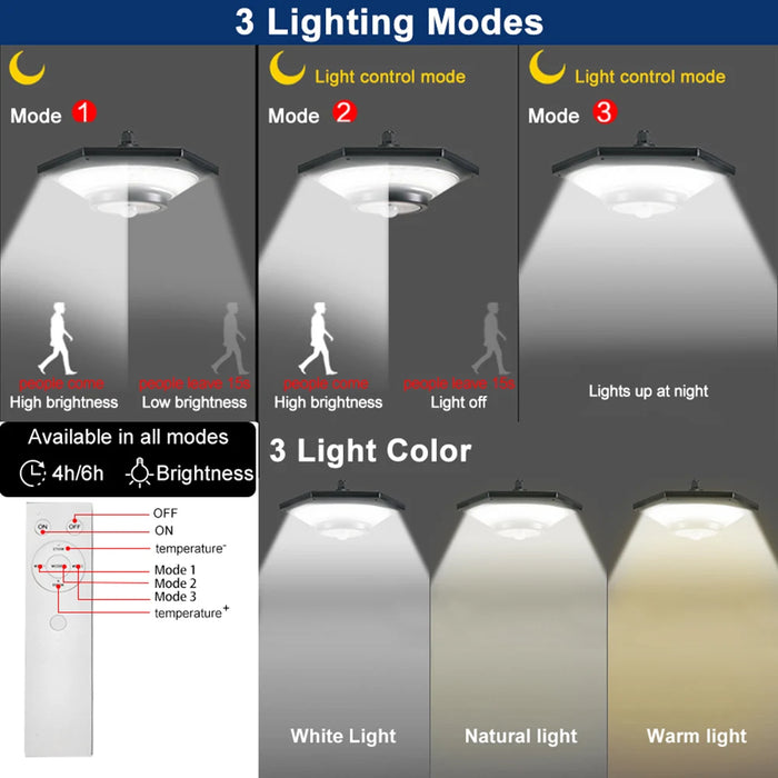 Solar Shed Light Indoor Outdoor 228 LED Pendant Light Motion Sensor with Remote Waterproof 5 Lighting Modes for Barn Gazebo Yard