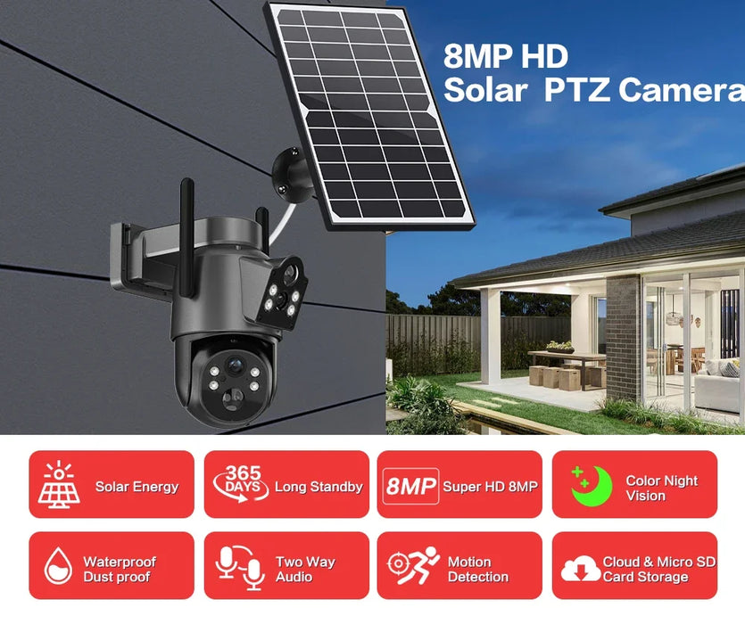 4K 8MP Wireless Solar PTZ Camera Dual Lens Color Night Vision Wifi CCTV Security Camera Built in Battery PIR Detection IP Cam