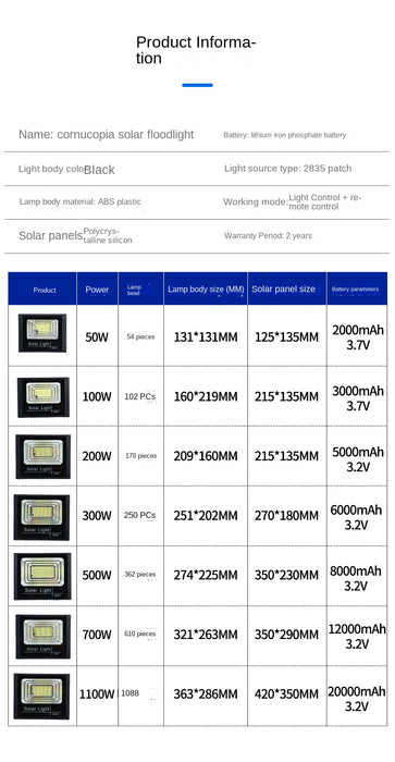 Solar Flood Lights Remote Control 50-400W Solar Powered Spotlight Outdoor Waterproof IP67 Villa Street Lighting Adjustable Angle