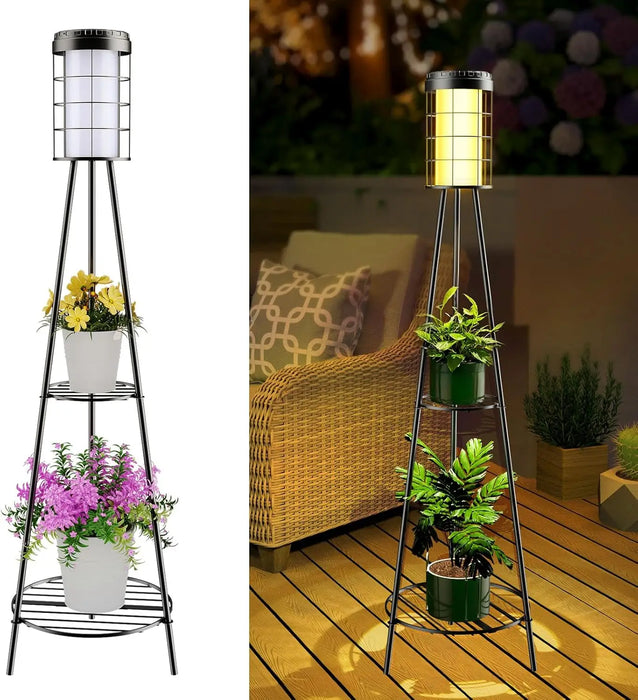 Outdoor Patio Decor Solar Floor Lamp with Plant Stand Waterproof Flower Shelf Solar Lights for Porch Garden Deck Yard