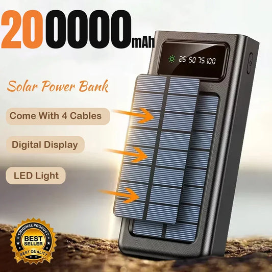 200000mAh Solar Power Bank USB 4 in1 Super Fast Charging Ultra Capacity USB TypeC LED Light Outdoor Power Bank For iPhone Xiaomi