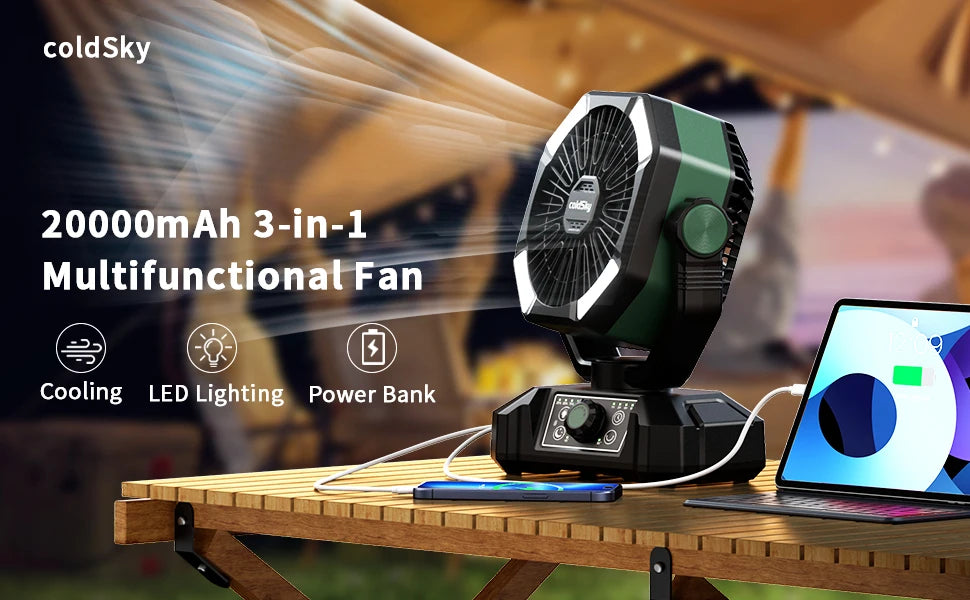 coldSky Camping Fan with 4 LED Lantern 8 Speeds Desk Fan 20000mAh Battery Portable Outdoor Fan for Outdoor Camping and Fishing