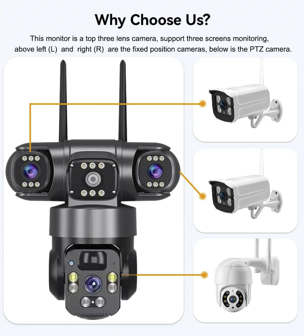 12MP Solar Surveillance Camera Wireless Outdoor 3 Lens Solar IP Camera PIR Color Night Vision Auto Tracking Battery CCTV Camera