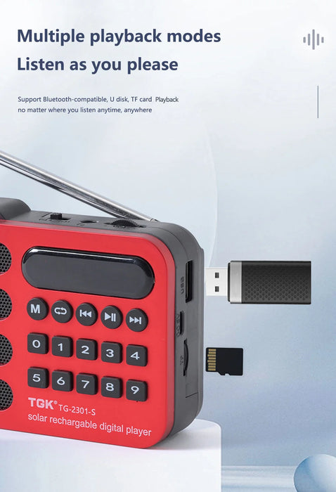 Solar Charging Portable FM Receiver Radio With Bluetooth Wireless Speaker Support USB TF Card MP3 Music Play Radio FM Receiver