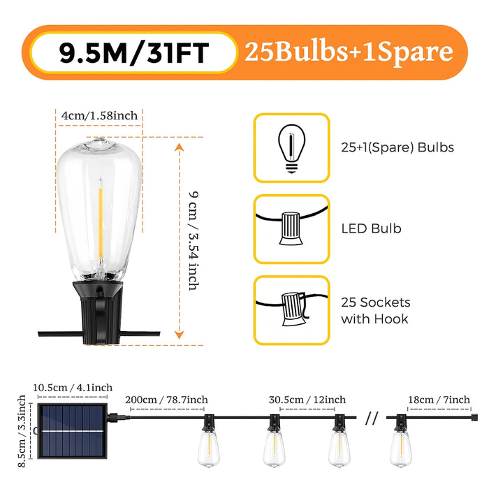 12M/9.5M Solar String Lights Outdoor with Remote, ST38 Patio Lamp & LED IP65 Shatterproof Bulbs, 8 Light Modes for Garden Party