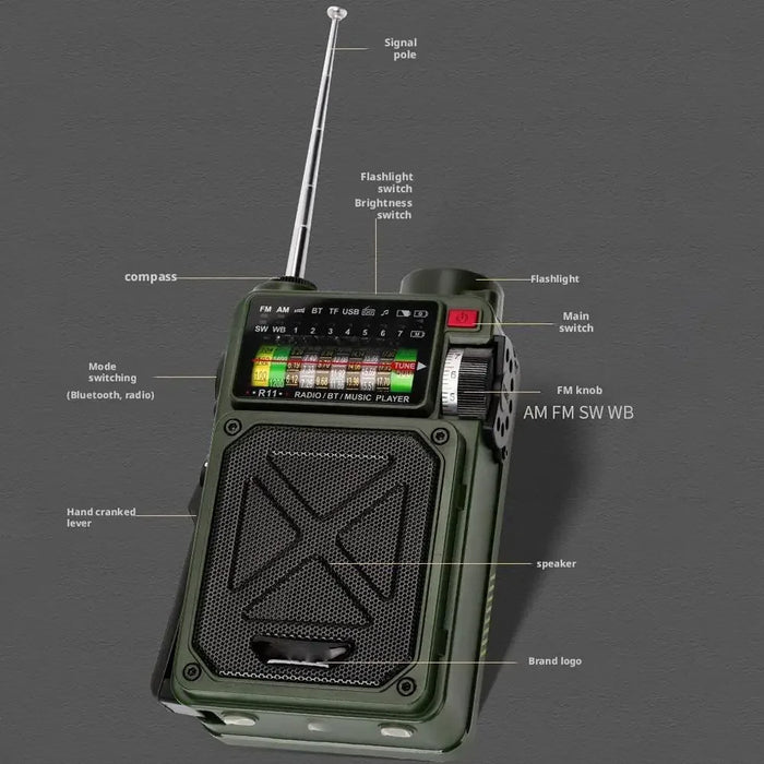 Hand-operated Emergency Solar Bluetooth Outdoor Camping Alarm Radio Multi-band Earthquake Prevention Solar Radio
