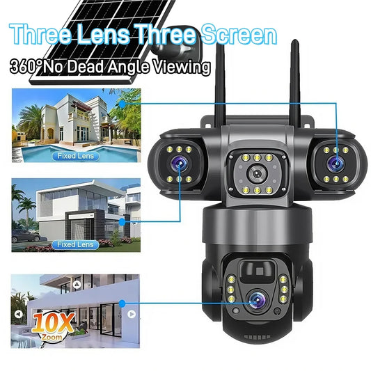 Solar 4G Camera With Sim Card 12MP 6K Three Lens Three Screen Monitor Night Vision Security Protection PTZ Video Surveillance