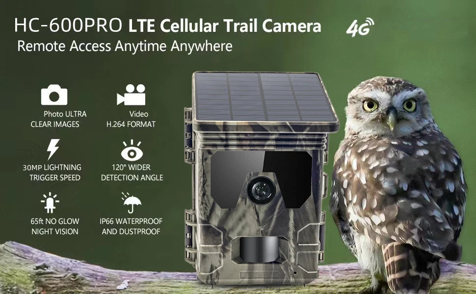 Solar Charging Hunting Camera, Outdoor Game Cam, Night Vision, 120 ° Detection, Wildlife Recording, 2K, 30MP, 4G