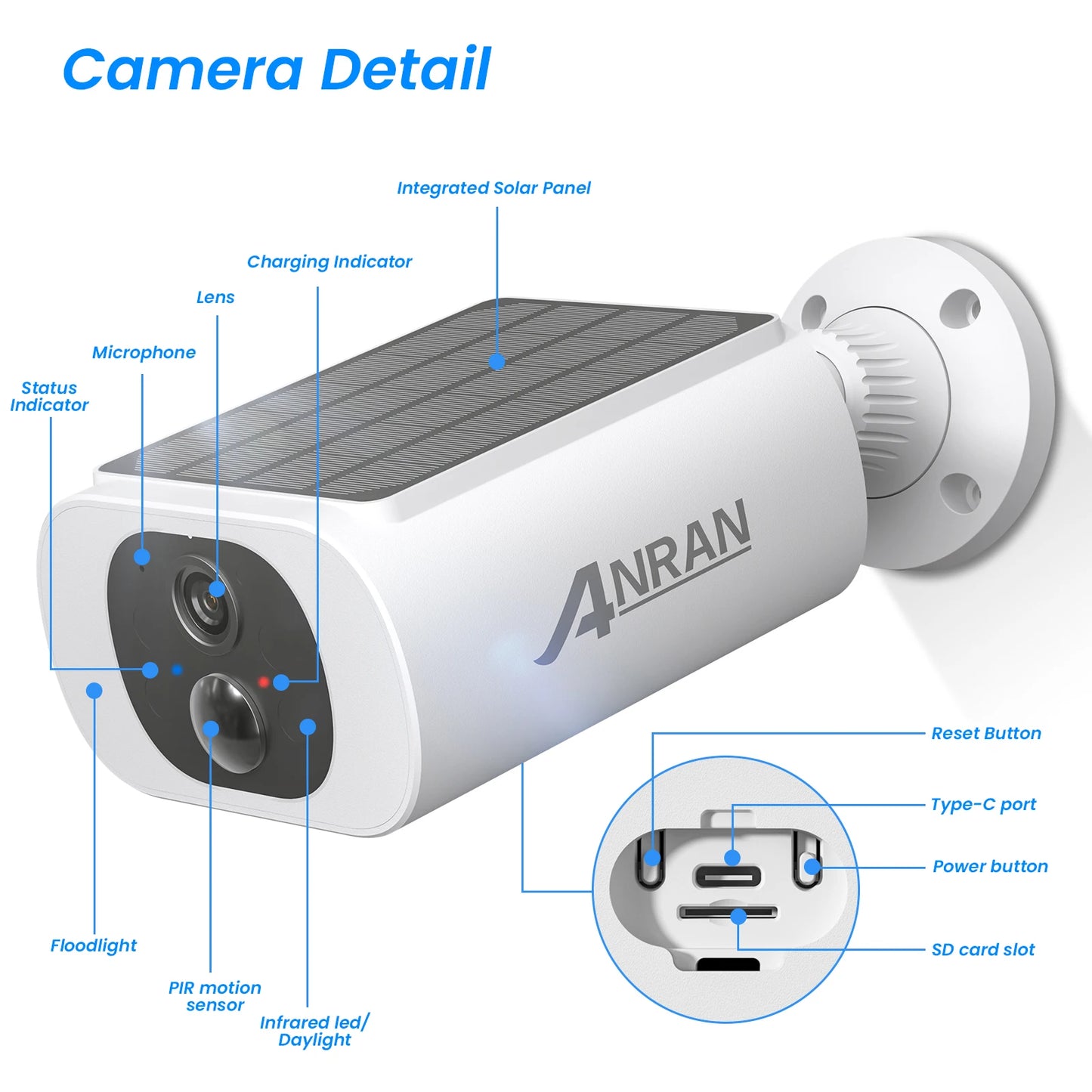 ANRAN Outdoor Solar Security Camera with Battery 3MP 2.4G WIFI Camera Battery Cloud Storage Color Night Vision Can't Add NVR
