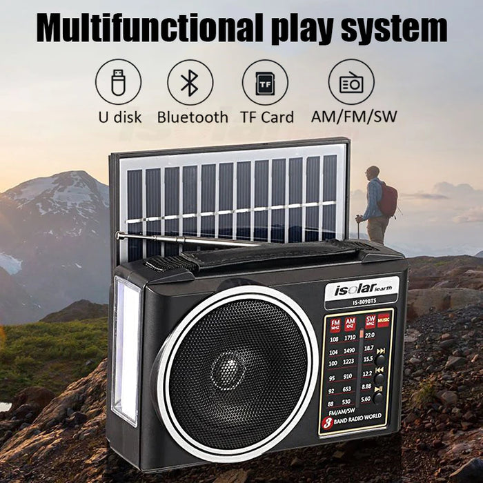 1pc Portable FM/AM/SW Radio Solar Charging Multi Band Emergency Radios Receiver Powerful Bluetooth Speaker with Flashlight USB