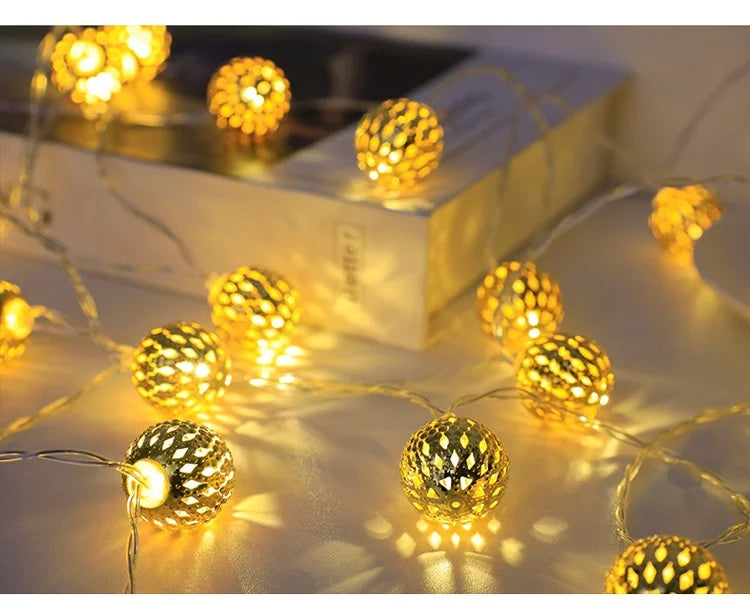 Solar LED String Lights Outdoor Iron Art Moroccan Ball Led String Lamp Gold Ball Silver Iron Round Ball