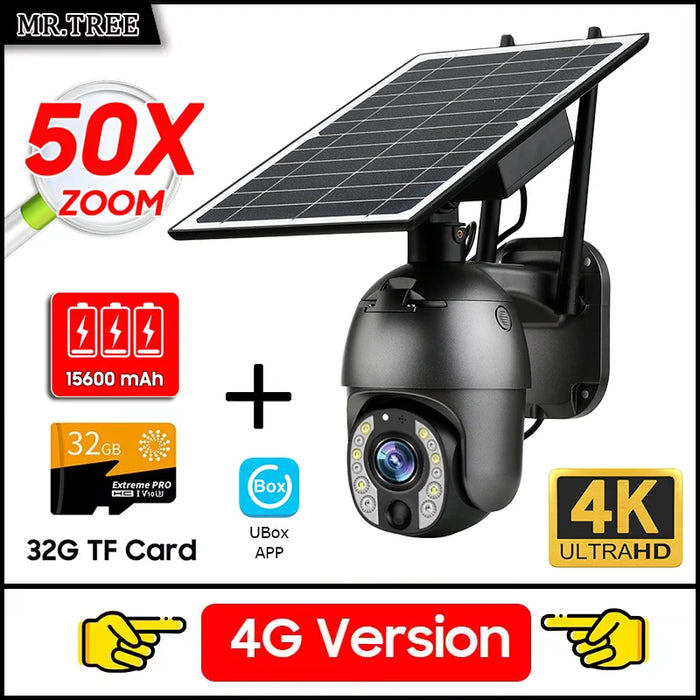 Home Outdoor Surveillance Solar Camera 4G SIM 50X Optical Zoom 4K Wifi Security Protection Cam Human Detection CCTV IP Cameras