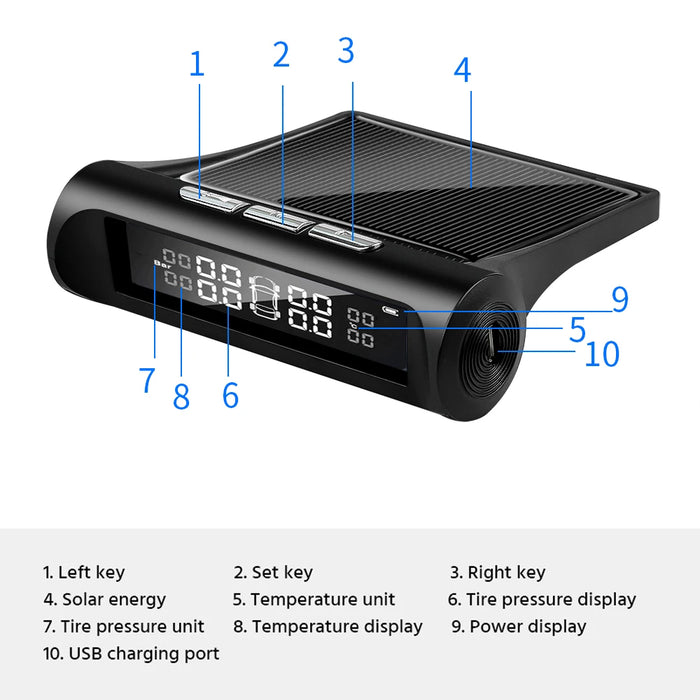 Solar Power Car Tire Pressure Alarm Digital Display Auto Smart Tpms Tire Pressure Monitor System Temperature Warning with Sensor