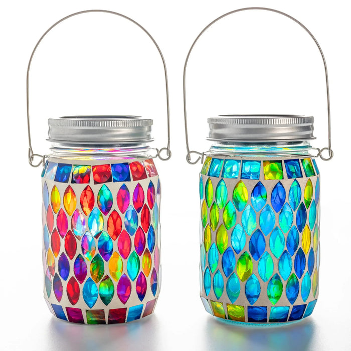 Solar Mosaic Lantern Hanging Mason Jar Glass Lights Outdoor Waterproof Table Lamp Decoration for Garden Patio Party Yard Balcony