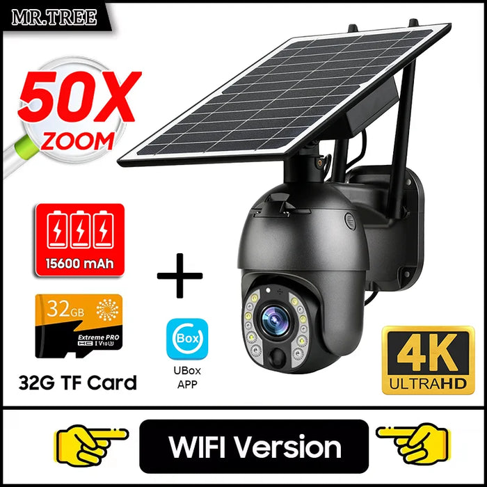 Home Outdoor Surveillance Solar Camera 4G SIM 50X Optical Zoom 4K Wifi Security Protection Cam Human Detection CCTV IP Cameras
