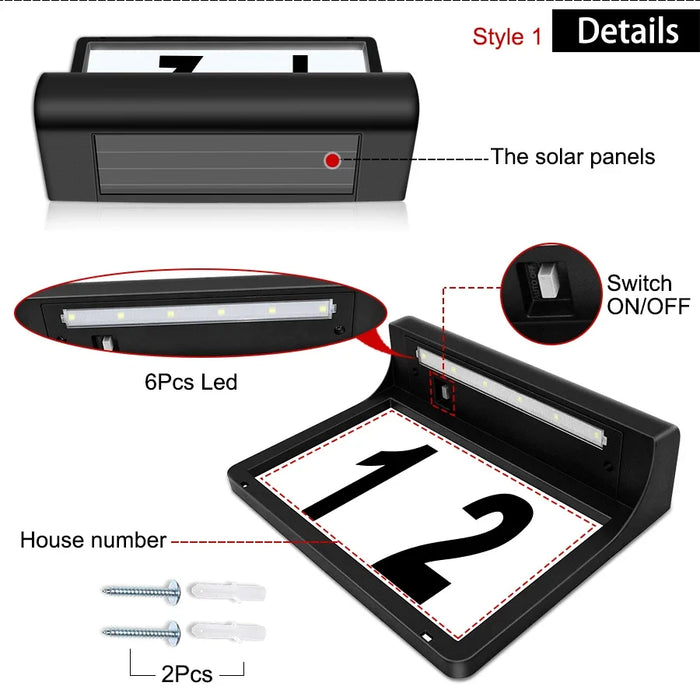 Solar House Number Lights Outdoor Waterproof LED Address Sign Lamp Wireless Sunpower Garden Door Decorative Plaque Wall Light