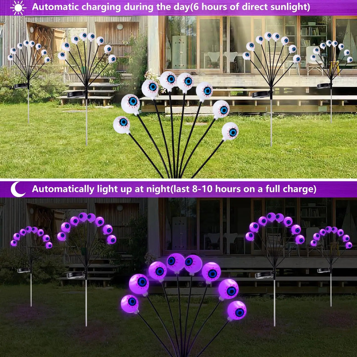 Halloween Outdoor Solar Eyeball Lights-LED Green&Purple Glow, Swinging Firefly Effect,for Creepy Yards, Lawns & Halloween Haunts