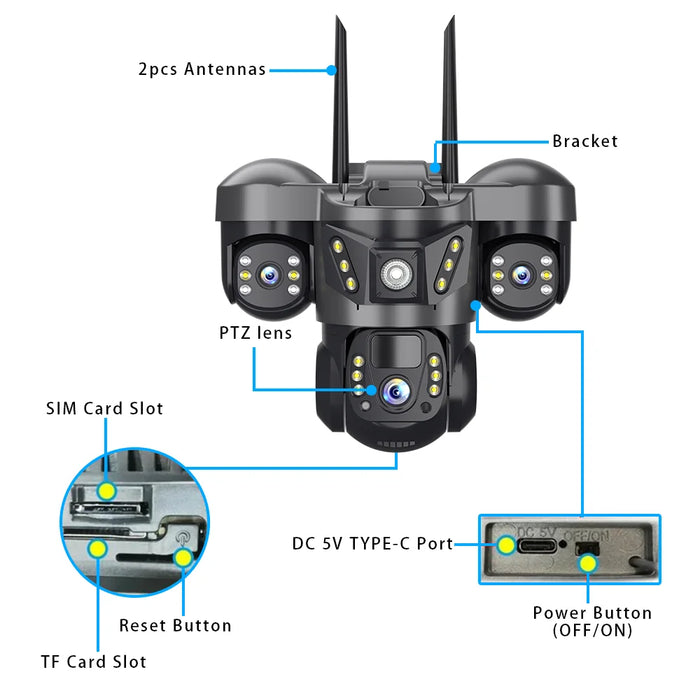 15MP Triple Lens PTZ 10X Zoom Solar Camera Outdoor Triple Screen 4G SIM Secure 360° Auto Tracking Smart Home Wireless CCTV Cam