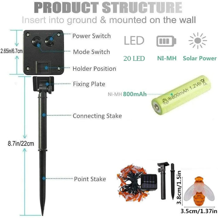 Solar String Light 20 LED Cute Bee Outdoor Light Wedding Home Garden Patio Party Christmas Tree Honeybee Starry Fairy Decor Lamp