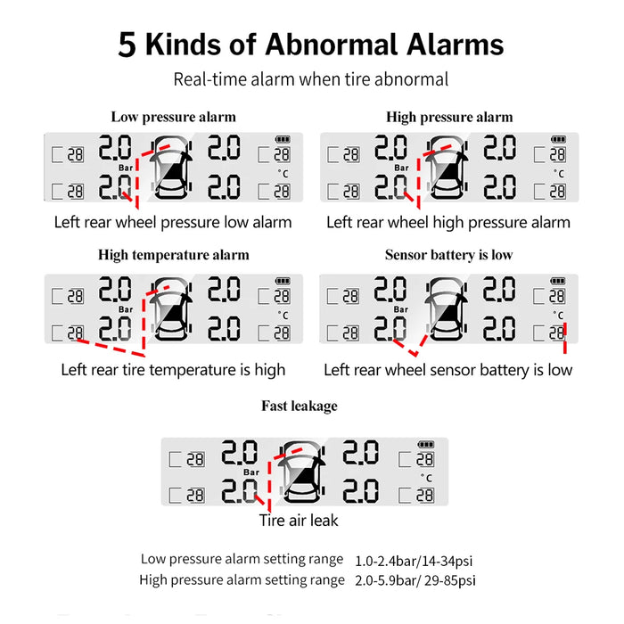 Solar Power Car Tire Pressure Alarm Digital Display Auto Smart Tpms Tire Pressure Monitor System Temperature Warning with Sensor