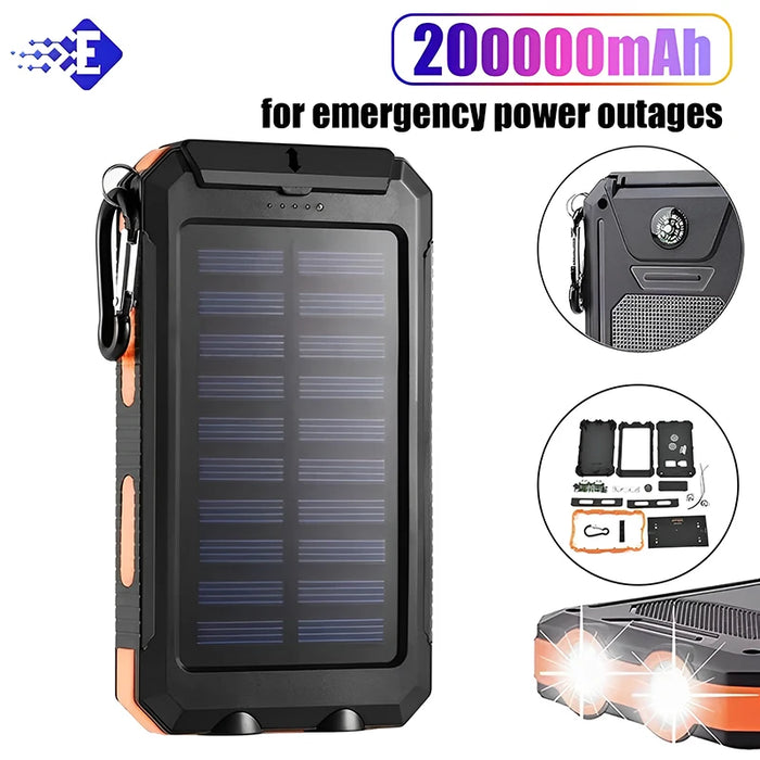 NEW 200000mAh Solar Power Bank Portable Charging Poverbank External Battery Charger Strong Light LDE Light for All Smartphones