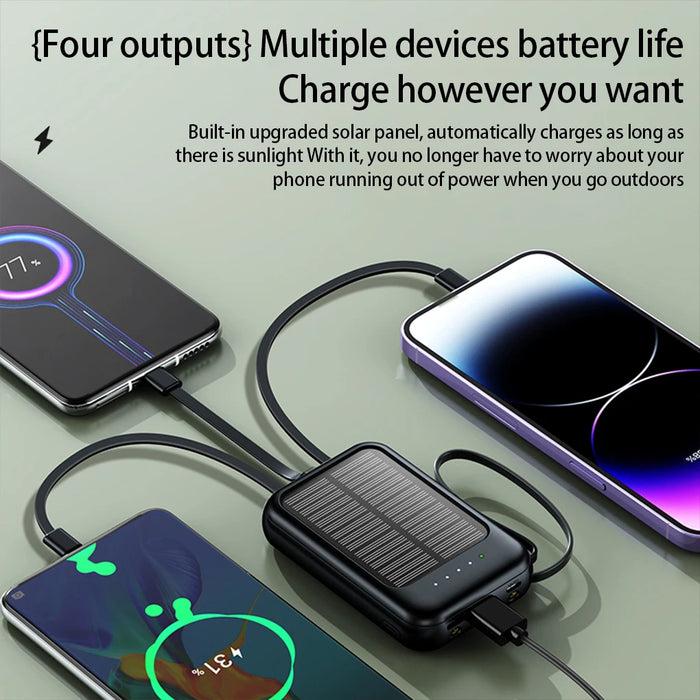20000mAh High Capacity Solar Power Bank External Charger Powerbank LED Light New Solar Charger Built Cables 2 USB Ports