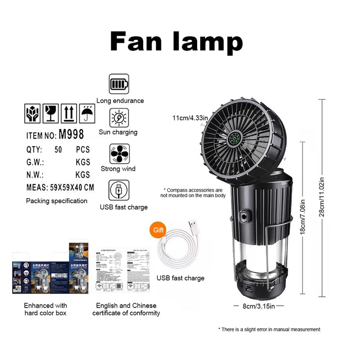 Solar Camping Fan With Lantern Collapsible Solar Powered USB Rechargeable Emergency Hanging Lights for Outdoor Camping Tent