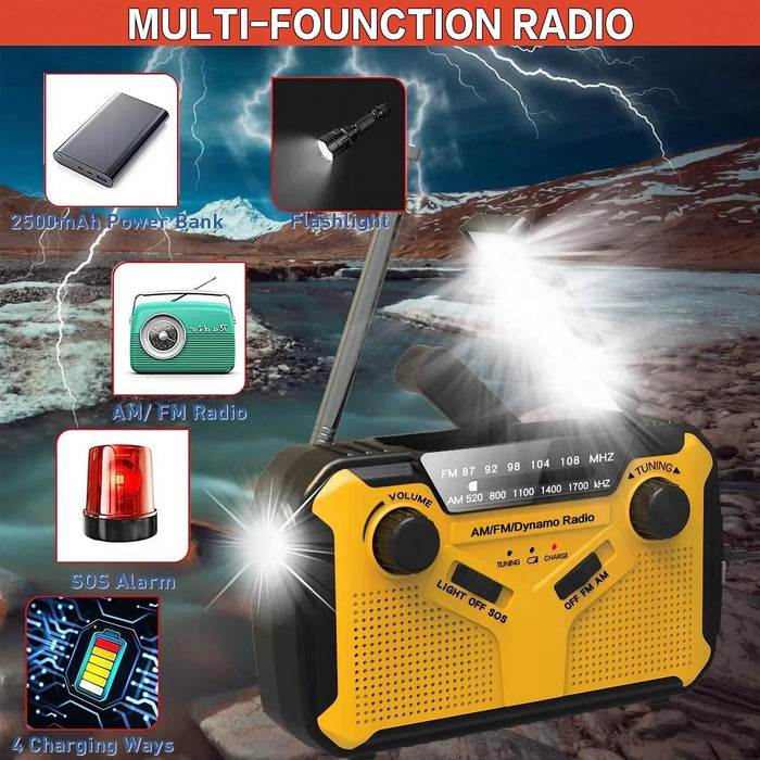 Emergency Solar Hand Crank Radio, AM/FM Portable with 2500mAh Power Bank & LED Light for Outdoor