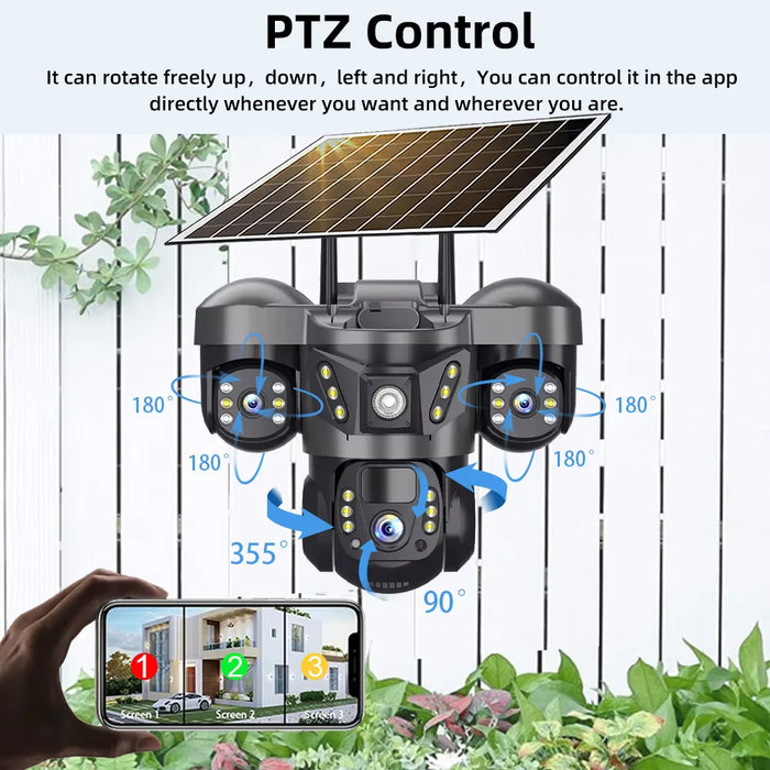 Solar 4G Camera 15MP Triple Lens Triple Screen 10x Zoom Outdoor Waterproof Battery Surveillan PIR Human Detection V380 Pro Cam