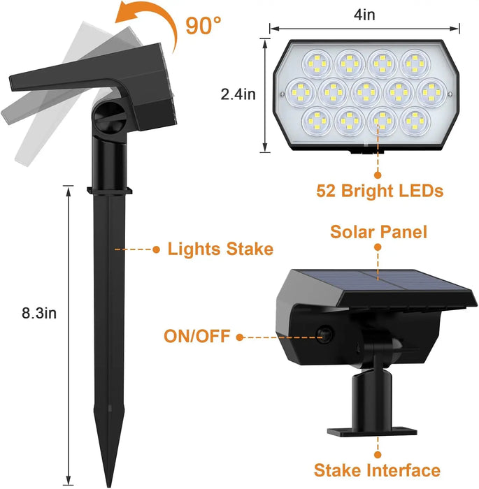 Solar Spot Lights Outdoor52 LED 3 Modes Solar Landscape Spotlights IP65 Waterproof Wall Lights for Walkway Yard Garden