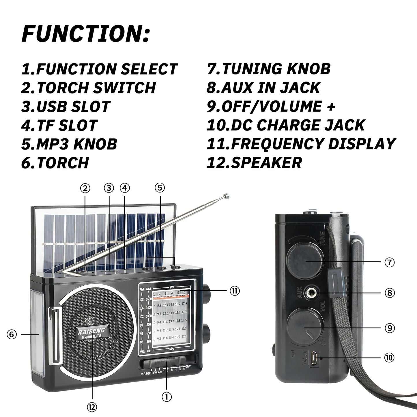 9008BTS classic solar radio, AM/FM speaker, USB/TF card interface, 3 charging methods, suitable for outdoor activities
