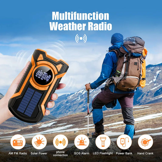 5000mAh Emergency Radio Hand Crank Solar, IP65 Waterproof Dustproof Bluetooth 5.3 Portable AM/FM/NOAA Weather Alert Radio
