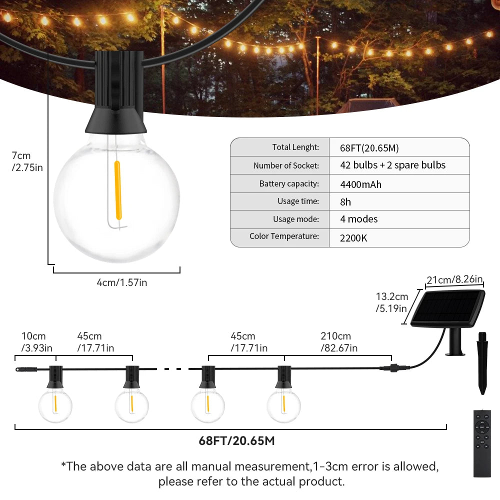 Solar String Lights Outdoor G40 Patio Lights Solar Powered Fairy Lights With Remote Weatherproof Hanging Lights For Holiday Back