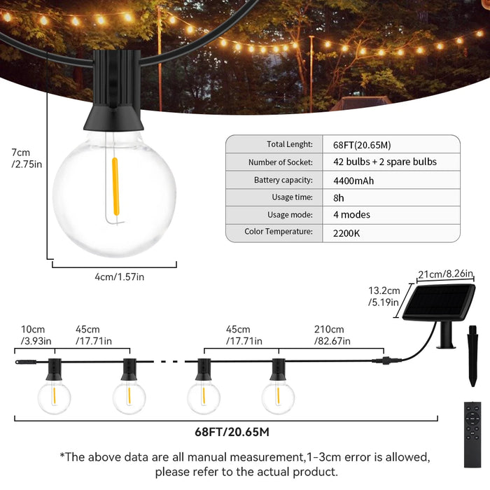 Solar String Lights Outdoor G40 Patio Lights Solar Powered Fairy Lights With Remote Weatherproof Hanging Lights For Holiday Back
