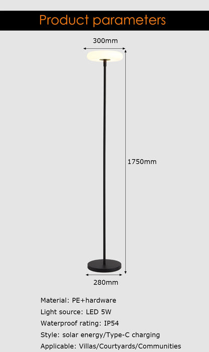 Outdoor Floor Lamp Solar Powered Light 4400 mAh Rechargeable Battery Cordless Light USB-C Charged IP54 Lamp for Lawn Pool Garden